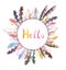 Feather wreath frame with Hello word. Watercolor