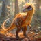 Feathered dinosaur stands in forest light