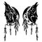 Feathered dream catcher with moon crescent and howling wolf black and white vector design