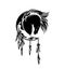 Feathered dream catcher with moon crescent and mustang horse head black and white vector design