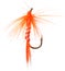 Feathers on a hook for fishing on a white background