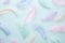 Feathers multicolored background in pastel colors. Feathers pattern. Natural pastel feathers in muted colors. Beautiful