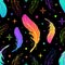 Feathers seamless bright gradient pattern in modern style. Stars and space in neon colors. Tribal theme, 90s, hippie