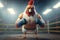 The Featherweight Champion: A muscular rooster in boxing gear ready to fight in the ring