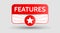 Features notice button label banner red square isolated