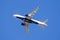 Feb 18, 2020 San Jose / CA / USA - Delta Airlines aircraft in flight; the Delta Logo visible on the airplanes` underbelly; blue