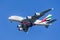 Feb 19, 2020 San Francisco / CA / USA - Emirates Airbus A380 aircraft with Expo 2020 Dubai livery preparing for landing at SFO;