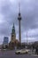 February 05, 2020: View of the Television Tower Fernsehturm in Berlin from Alexander Platz. The famous TV towe