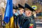 February 15, 2022 Balti Moldova. Soldiers of the guard of honor on a solemn formation in the city selective focus