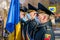 February 15, 2022 Balti Moldova. Soldiers of the guard of honor on a solemn formation in the city selective focus