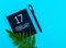 February 17th. Day 17 of month, Calendar date. Black notepad sheet, pen, fern twig, on a blue background