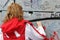 February 20 2018, Belfast Northern Ireland: Editorial photograph of a women signing the peace wall that is situated in