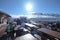 February 2019-Skiers enjoy their outdoor lunch break, Brenta Dolomites, Trentino Alto Adige, Italy