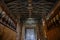 February 2021 Parma, Italy: Wooden entrance of the Theatre Teatro Farnese across the stage. Interior of the theater. Wooden seats