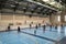 February 21, 2019. Denmark. Copenhagen. Team game with stick and ball Floorball or hockey in hall. Inside training in the gym of