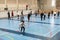 February 21, 2019. Denmark. Copenhagen. Team game with stick and ball Floorball or hockey in hall. Inside training in the gym of