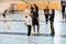 February 21, 2019. Denmark. Copenhagen. Team game with stick and ball Floorball or hockey in hall. Inside training in the gym of