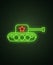February 23. Defenders of Fatherland Day. Tank Neon sign and green brick wall. Realistic sign. National Military holiday in