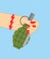 February 23. Woman hand giving Grenade. Traditional gift for men