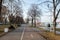 February 26th - Belgrade, Serbia - Park and pedestrian zone on the bank of Danube river, in the new part of the city