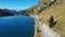 The Fedaia lake dam (Fedaia lake), an artificial lake near Canazei, located at the foot of Marmolada massif, Dolomites, Trentino.