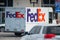 Fedex truck in the city rear quarter shot