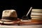 Fedora hat with bullwhip near magnifying glass and old books on black background. Adventure concept