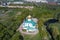 Fedorovsky Cathedral in the cityscape aerial photography. Tsarskoye Selo