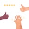 Feedback and quality review concept. Vector flat illustration. Caucasion and african american human hands. Thumbs up, clapping