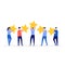 Feedback or rating vector illustration concept with characters. Happy people holding five stars over their heads. Modern flat