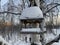 Feeders for squirrels and birds on trees in winter. Snow forest. Squirrel on a branch.