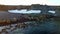 Feeding base of walruses and people on shores of Arctic Ocean aero view.