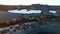 Feeding base of walruses and people on shores of Arctic Ocean aero view.