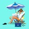 Feelancer on the beach working and rilaxing. Business Man Remote Work Place. Businessman at the beach