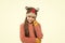Feeling cosy and warm. kid knitwear fashion. smiling little kid portrait. ready for winter cold. playful small girl hat