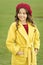 Feeling cozy and comfortable. Girl fashionable model wear yellow wool coat. Child in warm clothes. Fancy coat. Classic