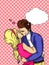 Feeling of love. The guy with the girl passionately kisses. Vector of pop art. Text bubble. Comic style