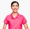 Feeling portrait Young smart beautiful asian woman wore pink t shirt,Surprised, Excellent, Shocked,  on white background