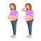 Feeling pregnant woman. Happy and sad pregnant woman. Good and poor pregnant, premature birth, abdominal pain, stomach pain