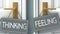 Feeling or thinking as a choice in life - pictured as words thinking, feeling on doors to show that thinking and feeling are