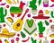 Feesta and Latin American festivals. Seamless pattern on mexico theme. Traditional Spanish objects. Poncho and sambrebo