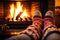 Feet adorned with cozy woollen socks near the Christmas fireplace
