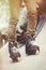 Feet of aggressive inline rollerblader on outdoor skatepark