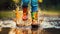Feet of child in colourful rubber boots jumping over puddle