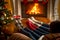 Feet of family in woolen socks warming at burning fireplace at l