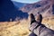 Feet Hiker relaxing enjoying view outdoor. Travel Lifestyle concept adventure vacations outdoor