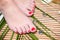 Feet leg with perfect spa pedicure on bamboo