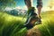 Feet of a Man Walking on a Grassy Path Towards a Mountain in Nature - Generative AI