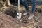 Feet of person standing by hole with spade