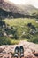 Feet Selfie Traveler relaxing on cliff mountains outdoor